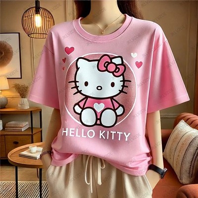 MINISO T-Shirt Hello Kitty Baumwolle Sommer Kurzarm Unisex Casual O-Ausschnitt