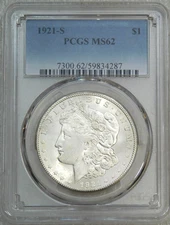 1921-S Morgan Silver Dollar PCGS MS62 Frosty Just Graded New Holder #Q121E