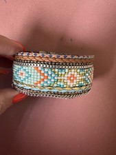 Boho Chic Multi Strand Cuff Bracelet Beaded Geometric Aztec Magnetic Clasp 7.5  