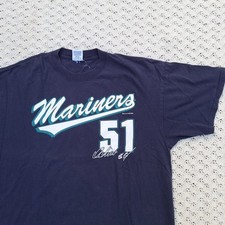 Vtg Ichiro Suzuki MLB Baseball Seattle Mariners Jersey T Shirt Blue - XL