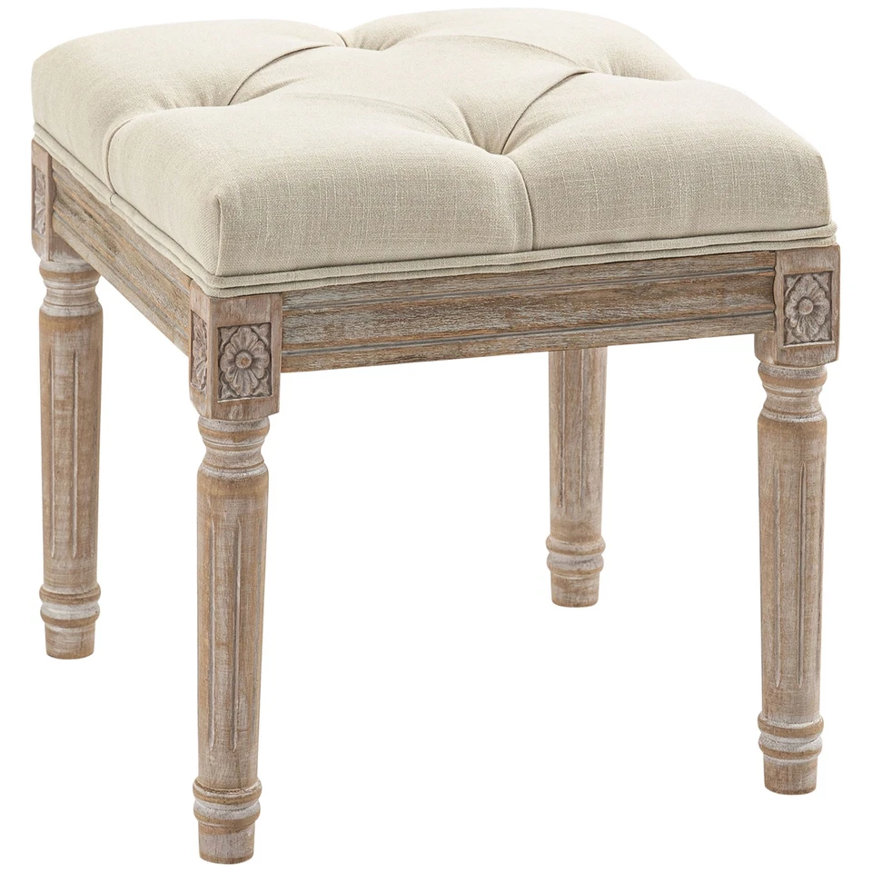 15.75" Foot Stool Ottoman Bench Footrest w/ Button Tufted Seat, Beige - Image 3 of 4