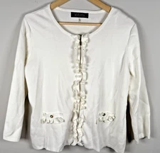 Kasper Women Cardigan Sweater Ruffle Trim Zip Ivory Petite XL Cottage Career NEW