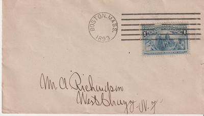 1893 Boston Mass Postmark Cover 1c Columbian Stamp Scott #230 West Chazy NY