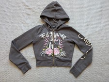Ed Hardy Hoodie Womens Medium Gray Panther Tattoo Graphic Full Zip Cropped Top