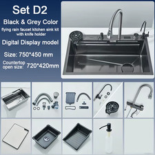 Stainless Steel Kitchen Sink with Digital Display Waterfall Faucet, Multifunctio