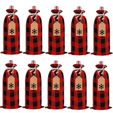 SULOLI Christmas Burlap Wine Bags, 12 Pcs Jute Buffalo Plaid Wine Bottle Cove...