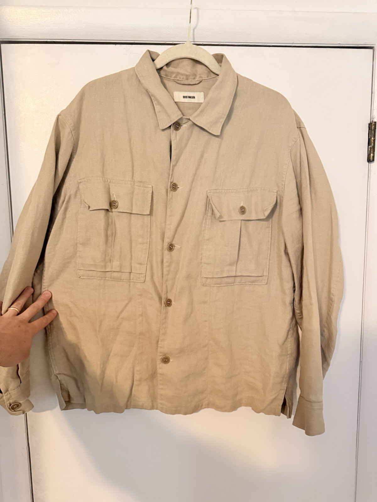 Buck Mason Beige Linen Military Shirt Jacket Large Button Front Pockets