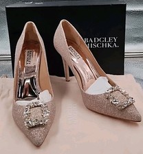 New Badgley Mischka Womens Size 10 Cher Heels Gold Glitter Brooch  B1-A3 
