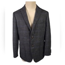 Austin Reed 42R Prince of Wales Check 100% Wool Suit Jacket Grey Blue Two Button