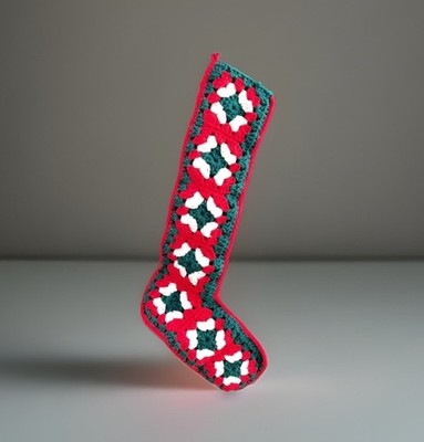 CHRISTMAS Hand Crochet Stocking Tall Thin Red WHITE Green GRANNY Square