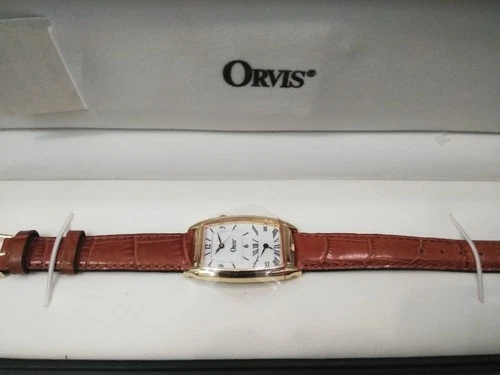 NEW Orvis watch Dual Time  Gold Tone Leather band WATCH W/ CASE (NEEDS BATTERY)