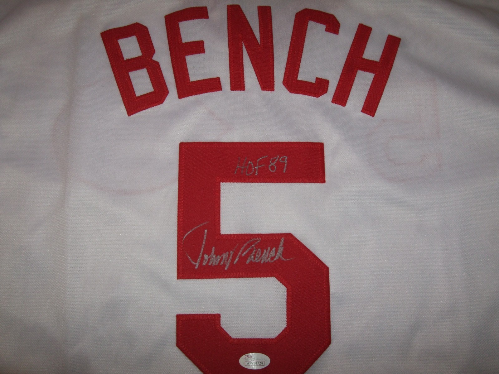 Johnny Bench Autographed Cincinnati Reds Jersey HOF 89 JSA COA #WP224724 "Mint"