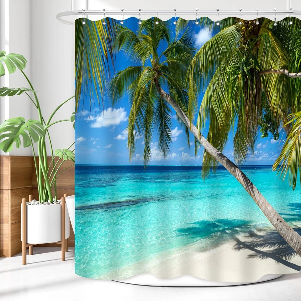 ZXMBF Ocean Shower Curtain Palm Trees Beach Summer Seaside Tropical Island Coast - Image 4 of 4