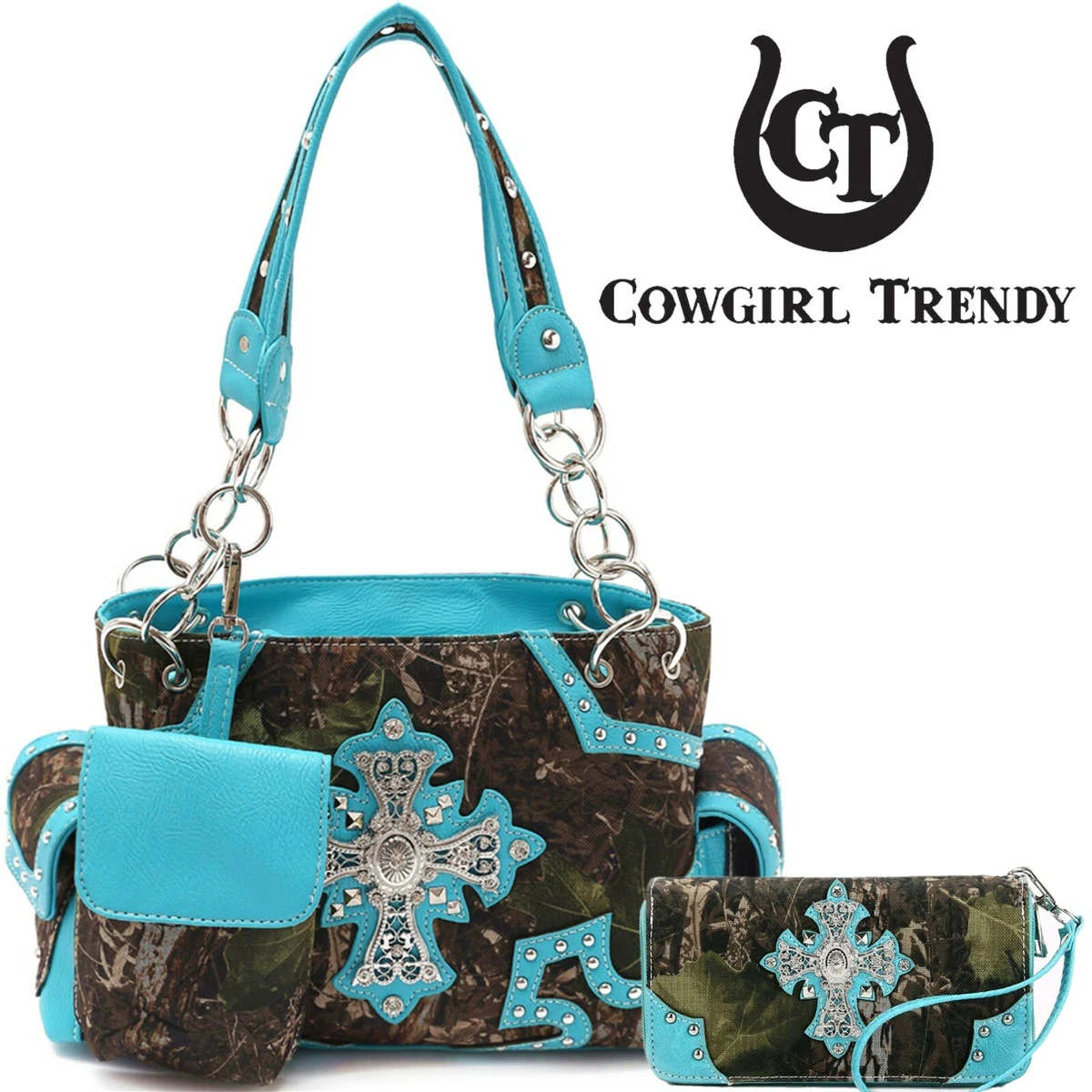 Camouflage Cross Western Camo Purse Women Handbag Shoulder Bag Wallet Turquoise