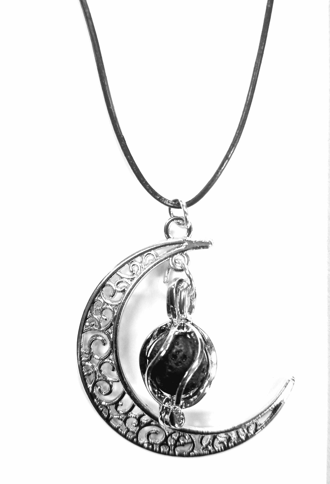 Essential Oils Black Lava Stone Necklace - Diffuser Necklace - Crescent Moon - A-image