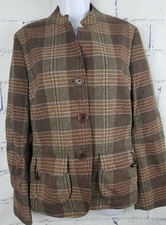 Faconnable Brown Plaid Equestrian Blazer Small Band Collar 3 button 3 Pockets