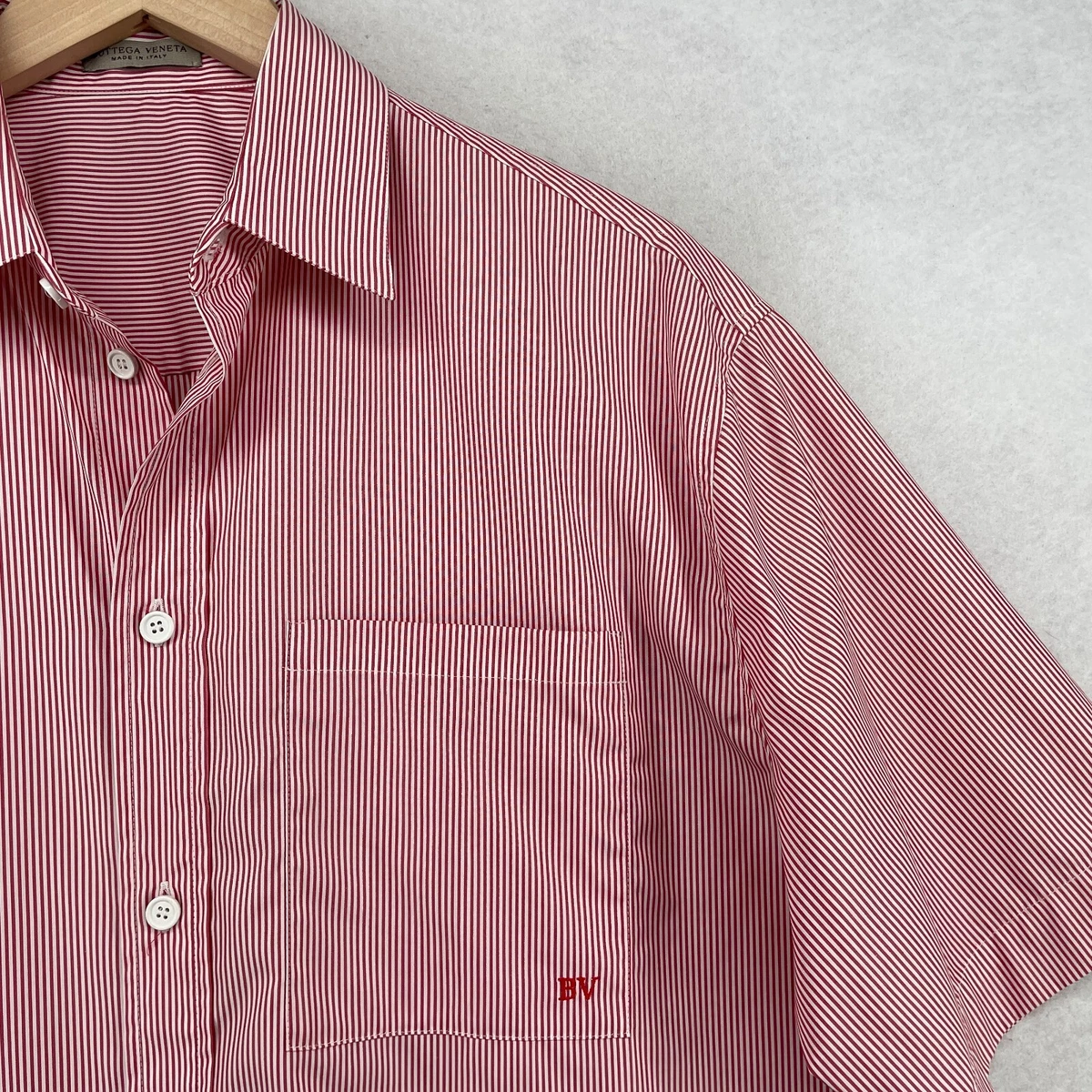 BOTTEGA VENETA Shirt Mens 38 M Cotton Pinstripe Button Up Short Sleeve Red Italy