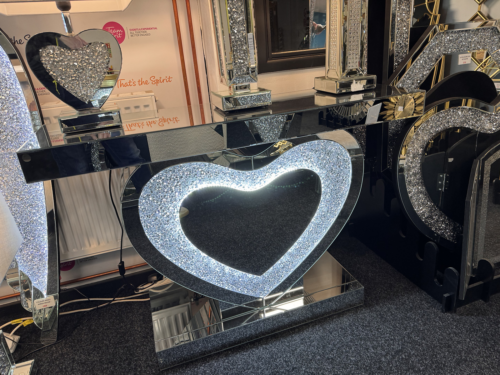 Crushed Diamond Mirrored Led Heart Shaped Console Table in Silver - Picture 7 of 9