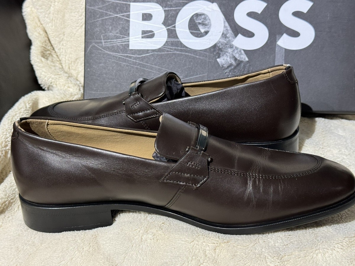 New BOSS Colby Italian Brown Pebbled Leather Dapper Penny Loafers US Size 7 UK 6 BOSS - Italian-made suede loafers with penny trim - Dark Brown main image 2