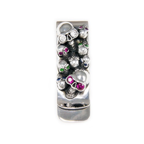GRAVEYARD SKULLS COLOR STONE 925 STERLING SILVER BIKER GOTHIC MONEY CLIP JO-M004 - Picture 2 of 5