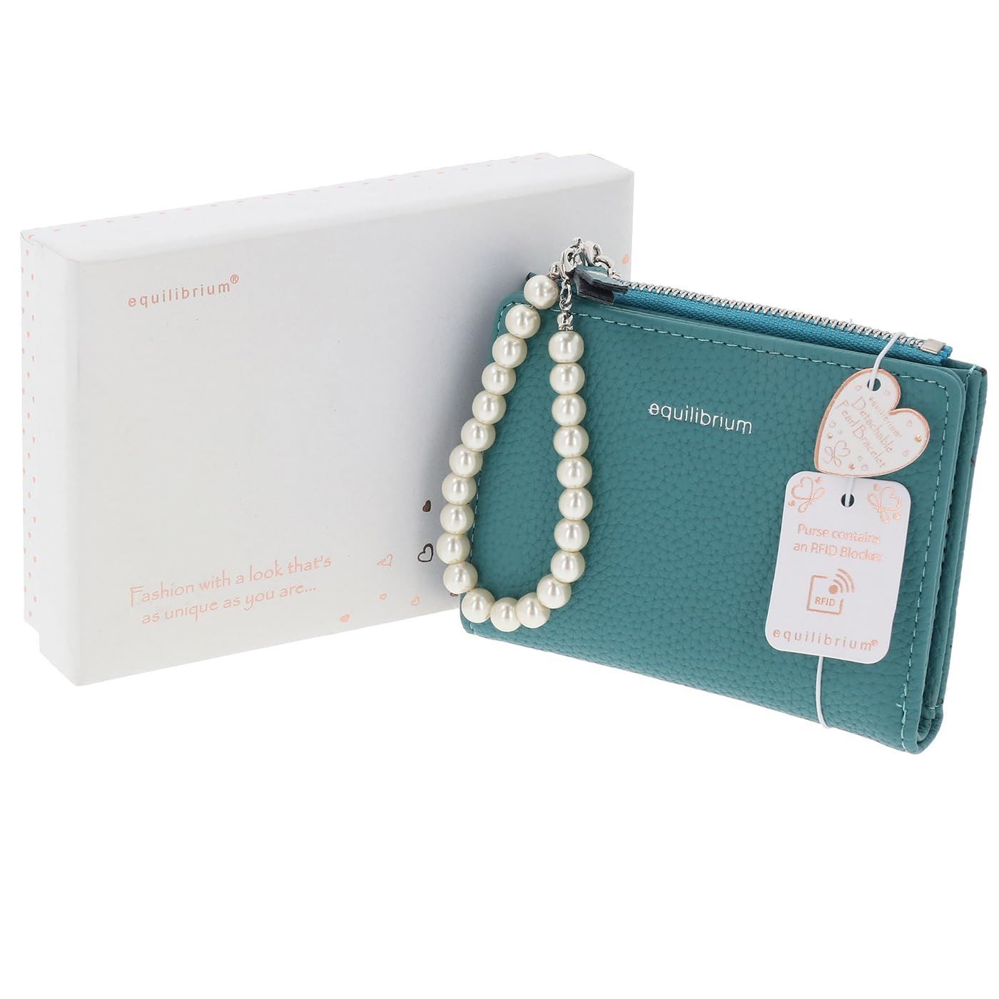 equilibrium Ladies Small Teal Purse With Pearl Bracelet