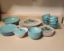 40 Piece TexasWare Melamine Dinnerware Set Atomic Mayan Blue Retro Vintage 