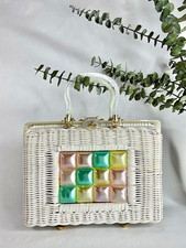 1950s Stylecraft White Wicker Handbag w/Pastel Lucite Tile Front, MCM