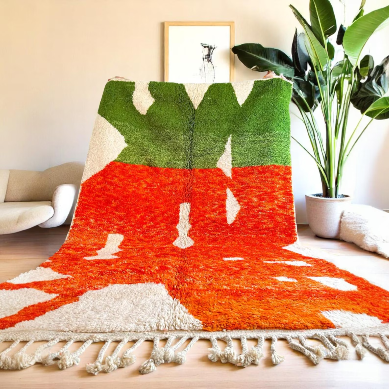 Hand Knotted Moroccan Berber Wool Rug Color Orange & Green Design Carpet Rug