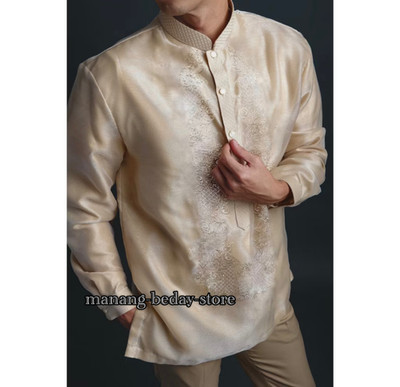 Barong Tagalog for Men Pina Organza w/ Lining Beige Spots & Chinese collar