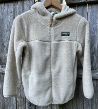 LL BEAN Jacket Girls M 10 12 Cream White Hi Pile Fleece Full Zip Hooded Pockets