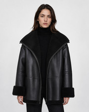 Womens Black Shearling Bomber Jacket Oversize...