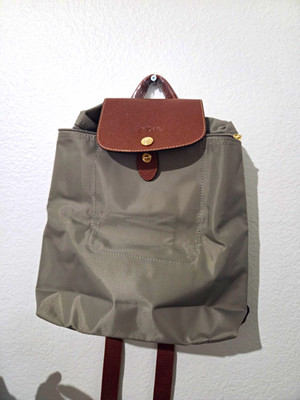 Longchamp Gray Backpack Brown Trim Gold Hardware Medium Zip Snap Women