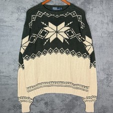 Vintage Polo Ralph Lauren Hand Knit Snowflake Ski Green Sweater Size XL 90s