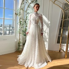 Elegant A-Line Wedding Dresses High Neck Long Sleeves Lace Applique Bridal Gowns