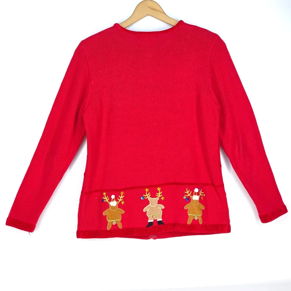 Quacker Factory Christmas Sweater Women's Medium Red Zip‑Up Embellished Reindeer - Image 3 of 4