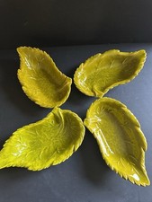 Vtg California Pottery 594 USA 4 Green Leaf Shaped Bowls Majolica Style