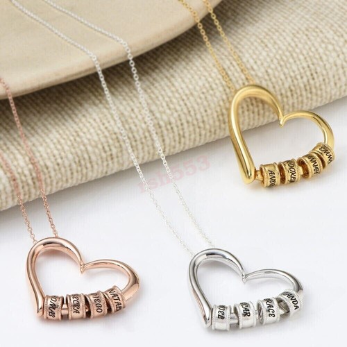 Up to 6 Beads Heart Necklace with Engraved Beads / Family Necklace NEW AU - Picture 3 of 9