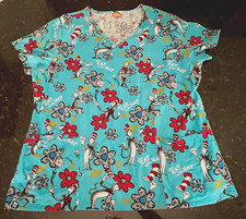 Dr Seuss  Large  V Neck Blue/Red  Cat in the Hat Floral  Scrubs Top