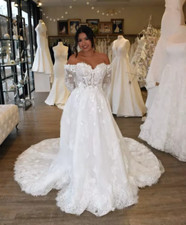 White Lace Wedding Dresses Long Sleeve Off Shoulder Sweep Train Bridal Gowns