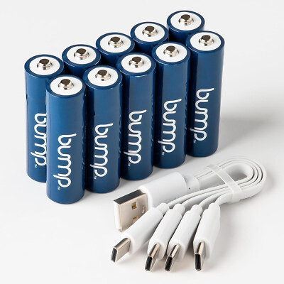 Bump 10 Pack USB-C AA NiMH Rechargeable Batteries 1.2V 1000mAh  2 Cable Included
