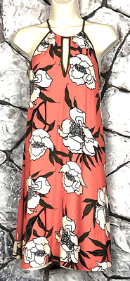 1.State Size XS Orange Floral Halter Neck Crepe TRAPEZE DRESS + Keyhole