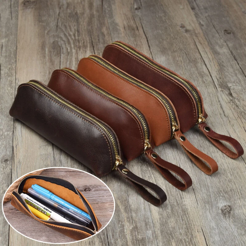 Unisex Handmade Leather Zipper Vintage Pen Bag Pencil Case