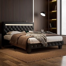 PU Leather Full Queen LED Bed Frame with Charging Station  Adjustable Headboard