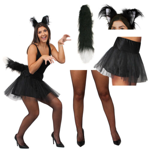 WOMENS HALLOWEEN COSTUME BLACK CAT FANCY DRESS SET BLACK TUTU EARS TAIL TIGHTS - Picture 1 of 6