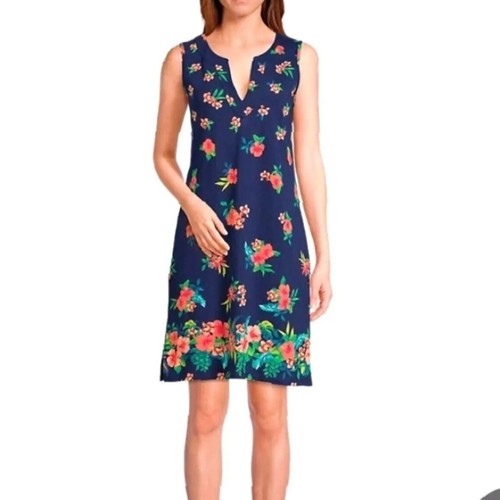 Lands’ End Blue Orange Floral Sleeveless Split Neck Cotton Shift Dress Large