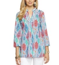 Lilly Pulitzer Sarasota Tunic Let Minnow Size Large Embelished 3/4 Sleeve Blouse
