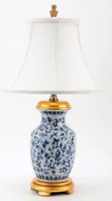 Blue, White Chinoiserie Porcelain Lamp.Wood Base,Cap.Hand Painted.With Lampshade