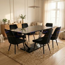 Venus 1.6m Black Sintered Stone Dining Table with 6 Velvet Chairs Gold Tip Legs