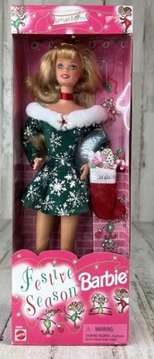 New 1997 Festive Season Barbie Mini Stocking Green Dress Snowflakes #18909 90 s