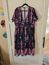 Faux Wrap MIDI Dress Plunge Neckline Short Sleeve Keyhole Butterfly Print Sz. 3X
